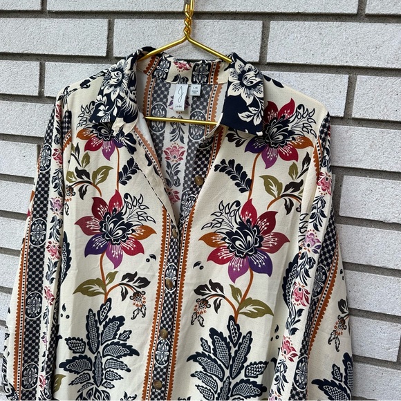 Joie Floral Boho Shirt Dress Large Cream Navy Multicolor Button Front Ruffle Hem - Picture 2 of 10
